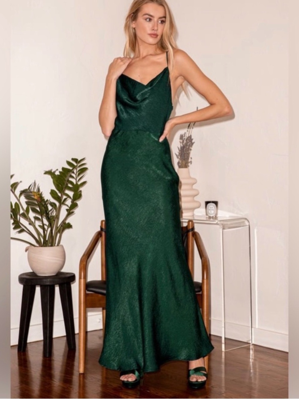 Emerald Green Satin Cowl Neck Slip Evening Dress